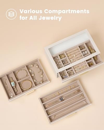 Lolalet Jewelry Box Organizer, 3-Layer Jewelry Storage Case -Beige | Jewellery Organizers and Storage with Glass Window, Ring Earring Bracelet Necklace Holder, Birthday Gifts for Women Girls Mom