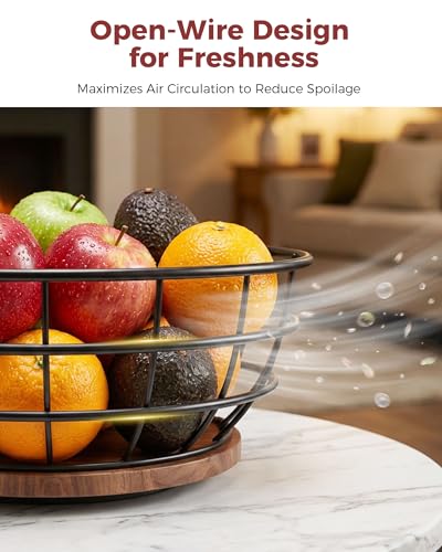 360° Rotating Fruit Bowl for Kitchen Counter with Banana Holder | Stable Metal Basket with Wooden Lazy Susan Base, Upgraded Banana Hanger Prevents Bruising, Ideal for Fruits, Bananas & Snacks