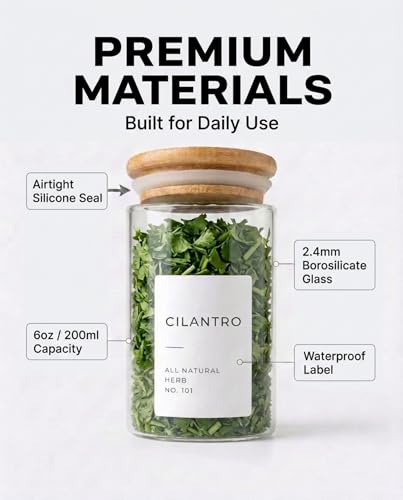 Glass Spice Jars with Label Pack (12x Bamboo Lid Glass Jar) Small 6oz Empty Spice Storage Bottles with 112 Printed Stickers and 48 Writable Pantry Labels for Seasoning Containers