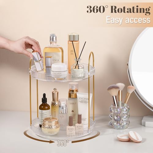 360° Rotating Makeup Organizer Large Capacity Perfume Tray, 2 Tier, Clear | Skincare Stand Holder Spinning Bathroom Counter Organizer Lazy Susan Turntable Storage for Dresser, Vanity, Kitchen