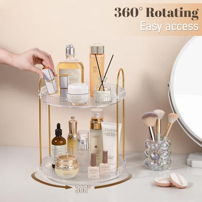 360° Rotating Makeup Organizer Large Capacity Perfume Tray, 2 Tier, Clear | Skincare Stand Holder Spinning Bathroom Counter Organizer Lazy Susan Turntable Storage for Dresser, Vanity, Kitchen