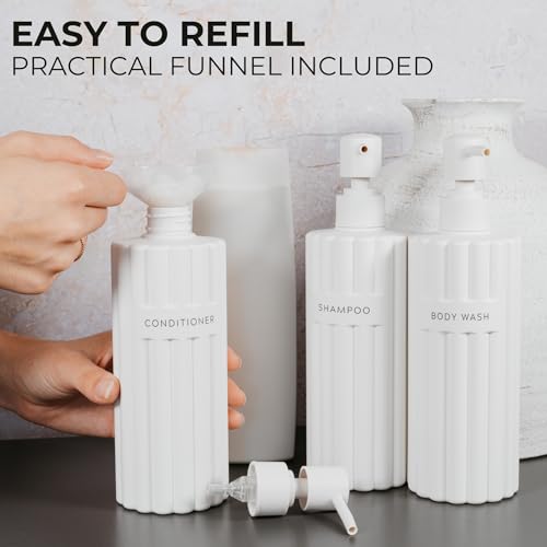 Stylish Shampoo & Conditioner Dispenser Set of 3 - Fluted 19oz Bottles | Modern Shower Soap Bottles - Easy to Refill Body Wash Dispensers for an Instant Bathroom Decor Upgrade
