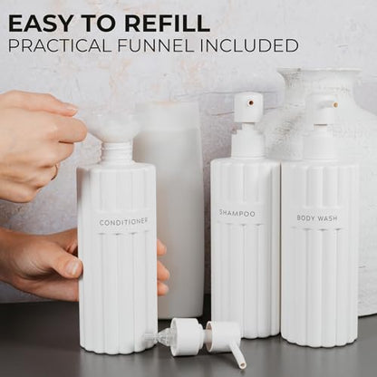 Stylish Shampoo & Conditioner Dispenser Set of 3 - Fluted 19oz Bottles | Modern Shower Soap Bottles - Easy to Refill Body Wash Dispensers for an Instant Bathroom Decor Upgrade