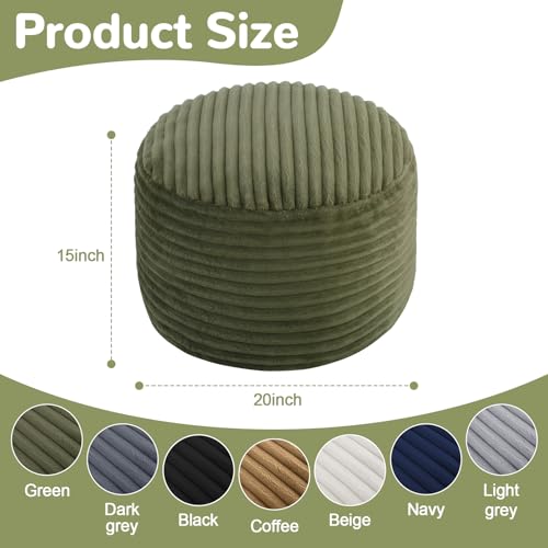 MeMoreCool Stuffed Round Pouf Ottoman Foot Rest, Corduroy Footstool, Green | Soft corduroy floor pouf footstool, foam filled round footrest for living room couch or sofa