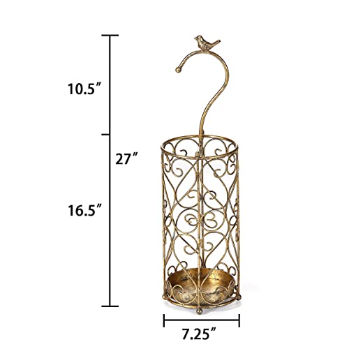 Umbrella Rack Stand,Umbrella Rack for Entryway,Canes Walking Sticks,Cast Iron Bird Handle and Drip Tray (Antique Gold) | Place cat wands or pet toys,Cast Iron Bird Handle And Drip Tray (Antique Gold)