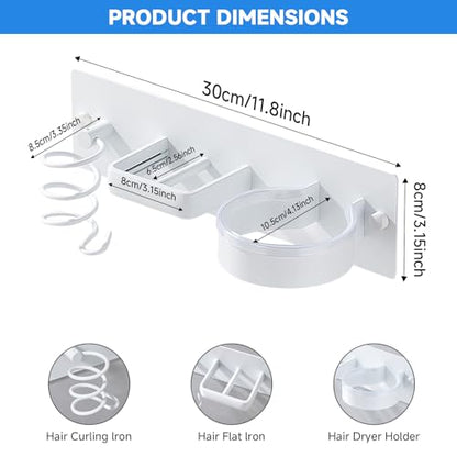 Hair Dryer Holder Wall Mounted,Blow Dryer, Curling Iron, Straightener Holder 3 in 1 Bathroom Metal Hair Tool Organizer Rack-Matte White-1