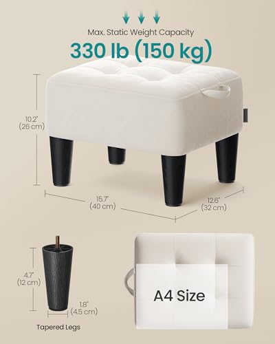 SONGMICS Foot Stool with Legs, Small Footstool Ottoman, Velvet Seat with Thick Cushion, for Living Room, Bedroom, Entryway, 330 lb Weight Capacity, Cream White ULOM501W01