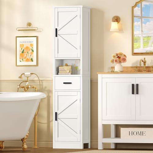 67" H Bathroom Storage Cabinet with Barn Doors & Adjustable Shelves, Bathroom Cabinet with Drawer, Narrow Bathroom Storage Unit, Floor Cabinets for Living Room, Kitchen, White