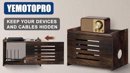 Wooden Router Box Hider Large Charcoal Retro with Cable Management, Modern Wifi Router Shelf Storage Box Wifi Box Hider for Home and Office