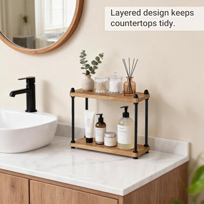 Mkono Bathroom Counter Organizer, 2 Tier Rustic Wood Countertop Sink Shelf | Light Brown, Skincare Makeup Spices Mugs Perfume Holder, Vanity Bedroom Kitchen Coffee Bar Office Storage Decor, Space-Saving