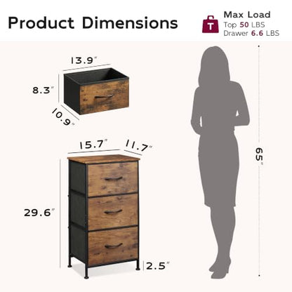 WLIVE Small Dresser Nightstand for Bedroom, 3 Drawers, Rustic Brown | 3 roomy fabric drawers, Compact nightstand, Bedroom or closet use, Chest of drawers, Dresser for small spaces