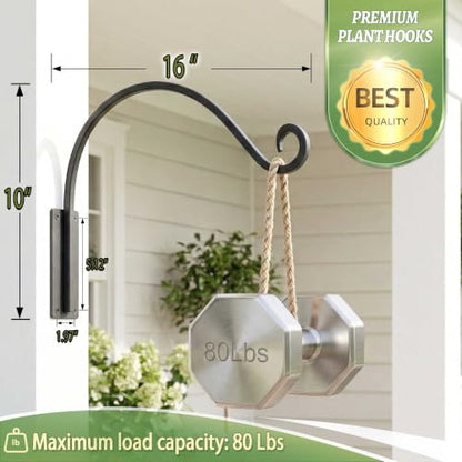 Heavy Duty Plant Hanger Bracke: 16 Inch 80 Lbs Metal Outdoor Hook Bracke | Rust-Proof Coating Wall Mount Hook for Hanging Baskets Bird Feeders Lanterns, Complete Hardware Kit, Indoor Outdoor Use