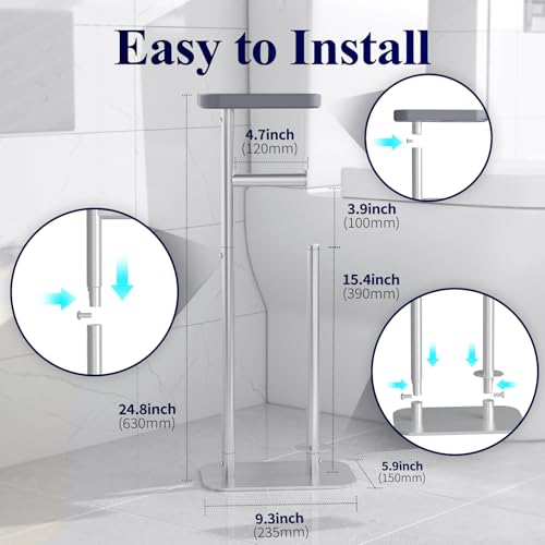 Kitsure Metal Toilet Paper Holder Free Standing, Medium, Silver | Rustproof Toilet Paper Stand for 4 Rolls, Bathroom Organizers and Storage with Anti-Slip Base and Plastic Shelf