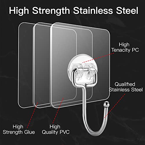 Large Adhesive Hooks for Hanging Heavy-Duty 44Ib(Max) 20 Packs, Wall Hangers without Nails Self-Adhesive Traceless Clear and Removable, Waterproof and Rustproof Multiple Uses for Bathroom Kitchen Home