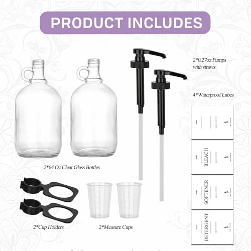 2 Pcs Glass Liquid Laundry Detergent Dispenser with Cup Holders, Half Gallon Dispenser for Laundry Room (64 oz. Each), Laundry Detergent Bottles with Pump Dispenser - (Black Pumps)
