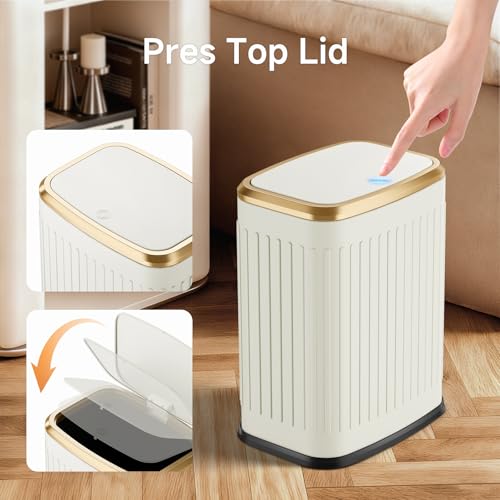 TIPGO Bathroom Trash Can with Lid, 2.1 Gallon / 8 Liter Small Garbage Can, Press Top Bin, Stainless Steel Wastebasket with Pop-Up Lid for Bedroom, Living Room, Office (Cream)