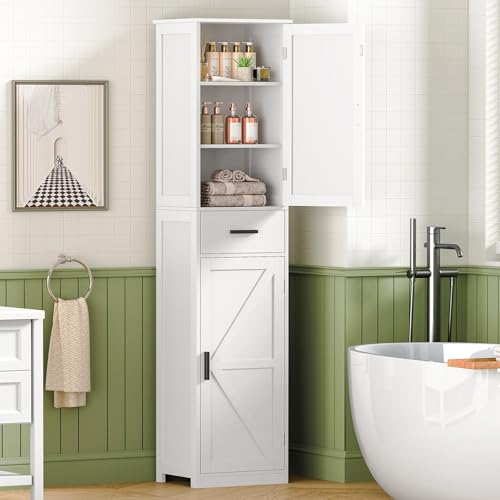 WEENFON Tall Bathroom Cabinet, Storage Cabinet with 6 Shelves & Drawer, Bathroom Storage Cabinet with Adjustable Shelves, Tall Cabinet for Living Room, Home Office, White