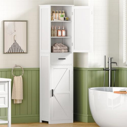 WEENFON Tall Bathroom Cabinet, Storage Cabinet with 6 Shelves & Drawer, Bathroom Storage Cabinet with Adjustable Shelves, Tall Cabinet for Living Room, Home Office, White