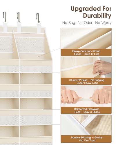Over the Door Organizer, Extra Large 12 Compartments Closet Hanging Storage with 14 Mesh Pockets, 85lbs Capacity Behind the Door Storage for Baby Nursery, Bathroom, Bedroom, and Dorm, Beige