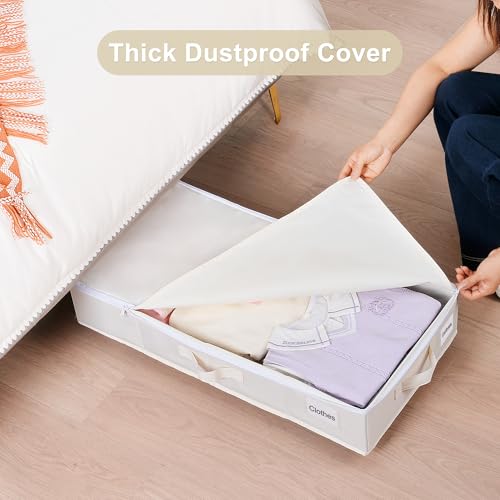 Under Bed Storage with Wheels, 2 Pack Under Bed Storage Containers with Label Holders for Clothes, Shoes and Blankets, Rolling Underbed Shoe Organizer with Cover, Beige (30.71x15.7x7.28 in)