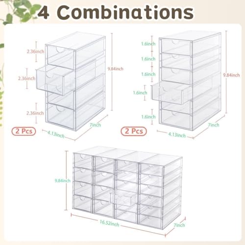 VZKAH Clear Acrylic Desk Organizer with 20 Drawers, 4 Modular Units | 4-piece clear drawer set for office supplies, crafts, makeup, and small daily items on desks, vanities, counters