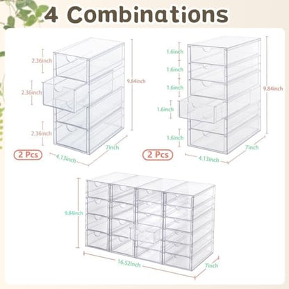 VZKAH Clear Acrylic Desk Organizer with 20 Drawers, 4 Modular Units | 4-piece clear drawer set for office supplies, crafts, makeup, and small daily items on desks, vanities, counters