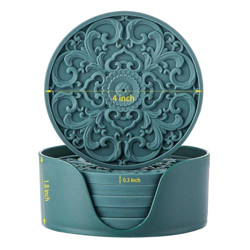 Colinda Silicone Coasters - Set of 6 with Holder, Non-Slip Cup Mats for Hot and Cold Drinks, Decorative Designs, Gift Ready Packaging,Turquoise