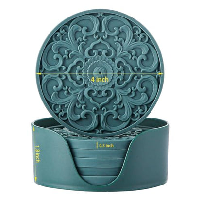 Colinda Silicone Coasters - Set of 6 with Holder, Non-Slip Cup Mats for Hot and Cold Drinks, Decorative Designs, Gift Ready Packaging,Turquoise