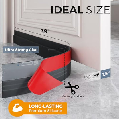Grotheory Door Draft Stopper, Door Sweep, Weather Stripping Seal, 2 Pack | Self-adhesive silicone under door draft stopper for windows and garages, blocks drafts, noise, light, dust and bugs