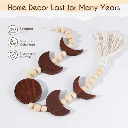 Moon Phase Wall Hanging Wood Beaded with Tassel,Phases of The Moon,Boho Home Decor for Living Room Bedroom Office(Brown)
