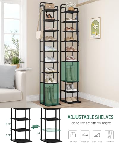 Hzuaneri Vertical Shoe Rack, Shoe Shelves, Wood Shoe Organizer for Closet, Entryway, Shoe Tower for Small Spaces, Free Standing, Adjustable, with 2 Hooks, 10 Tier Black SR11204B