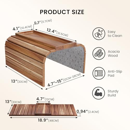 Acacia Wood Folding Sofa Arm Tray with Anti-Slip Pad | Couch Armrest Tray,Foldable,for Drinks,Snacks,Phone,Remote Control,Space Saving Storage, No Assembly,Gift box