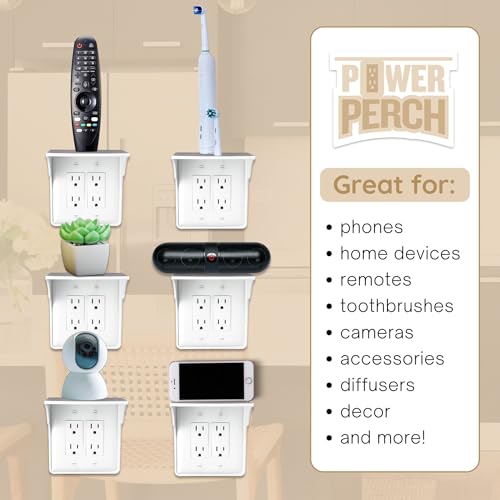 Power Perch Double Outlet Shelf Organizer - Echo Dot Holder, Phone Charging Station - Wall Outlet Holder with Cord Storage Strap - Socket Shelf Bathroom Kitchen Counter - White 1 Pack