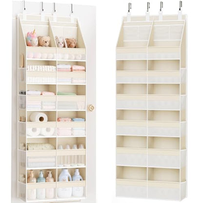 Over the Door Organizer, Extra Large 12 Compartments Closet Hanging Storage with 14 Mesh Pockets, 85lbs Capacity Behind the Door Storage for Baby Nursery, Bathroom, Bedroom, and Dorm, Beige