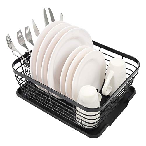Kitchen Dish Drainer Rack with Drying Board and Full-Mesh Silverware Utensils Holder, Black