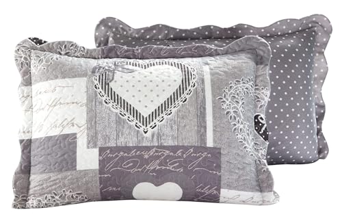 Brilliant Sunshine Grey Heartlove Pillowshams Set, 20"x26"+2" | Patchwork Design, Quilted Standard Pillowcases, Washable Scallop Edge Pillow Covers, Pack of 2