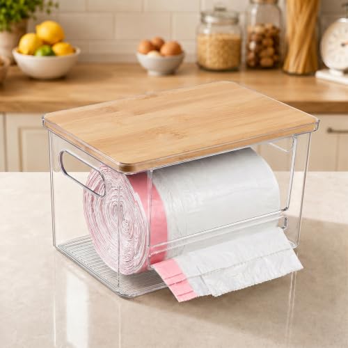 Trash Bag Dispenser Under Sink Organizer for Pantry, Kitchen, 2 Pack | Acrylic Garbage Bag Dispenser, with Bamboo Top & Handles, Extra Large, Keep Onions and Potatoes Neat, Clear, Stackable