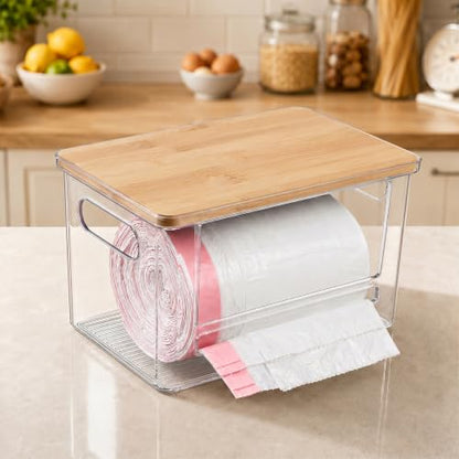 Trash Bag Dispenser Under Sink Organizer for Pantry, Kitchen, 2 Pack | Acrylic Garbage Bag Dispenser, with Bamboo Top & Handles, Extra Large, Keep Onions and Potatoes Neat, Clear, Stackable
