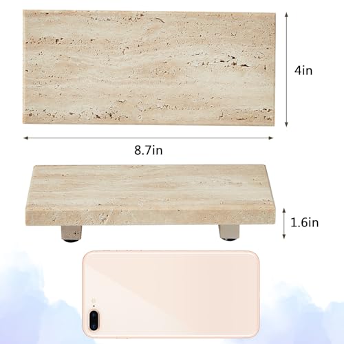 Natural Travertine Tray Pedestal Stand, Stone Riser for Bathroom & Kitchen | Stone pedestal riser, unique veining. Hand-polished, waterproof. Soap & vanity display. Perfume & candle catchall. Non-slip.