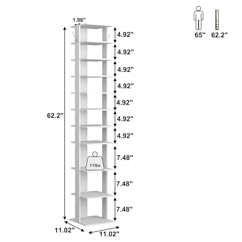 HOMEFORT 10-Tier Vertical Shoe Rack, Corner Shoe Tower, Slim Shoe Organizer with Two Hanging Hooks, Wooden Shoe Storage Stand for Entryway, Hallway, Closet (White)