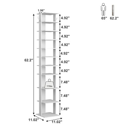 HOMEFORT 10-Tier Vertical Shoe Rack, Corner Shoe Tower, Slim Shoe Organizer with Two Hanging Hooks, Wooden Shoe Storage Stand for Entryway, Hallway, Closet (White)