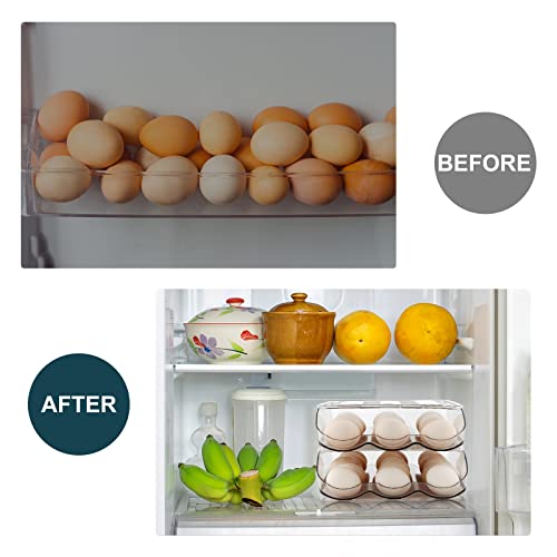MesRosa Egg Holder for Fridge, Automatic Rolling Container Storage 36 Eggs | Clear Large Capacity Egg Organizer for Refrigerator with Lid, Stackable Dispenser, Tray & Bin, Saving Space -2 Layer