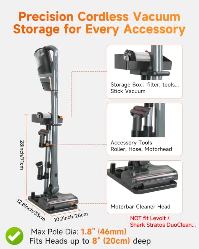 Cordless Vacuum Stand for Stick Vacuum Cleaners, Adjustable Height with 7 Tool Holder and Storage Box, Max 1-4/5 Inch Universal Vac Wand, Black
