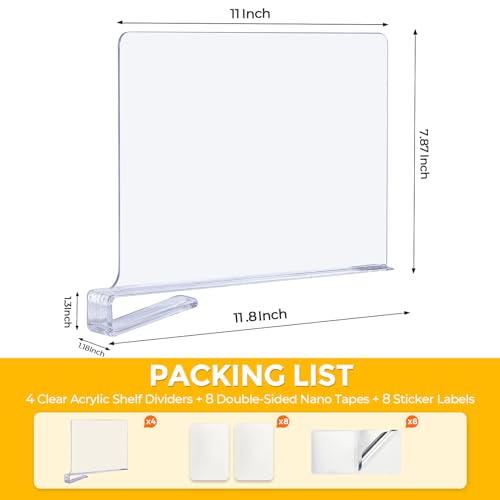 Clear Acrylic Shelf Dividers for Closets Organizer & Storage,8 Pack | Adjustable Vertical Wood Shelf Closet Separators, Keep Clean, for Clothes,Book,Bags, in Bedroom and Kitchen