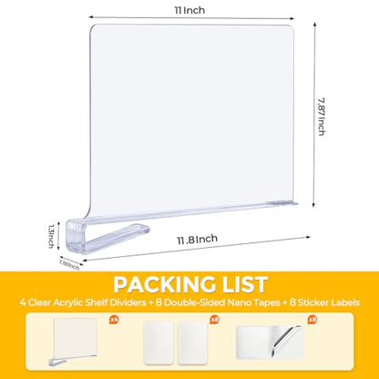 Clear Acrylic Shelf Dividers for Closets Organizer & Storage,8 Pack | Adjustable Vertical Wood Shelf Closet Separators, Keep Clean, for Clothes,Book,Bags, in Bedroom and Kitchen