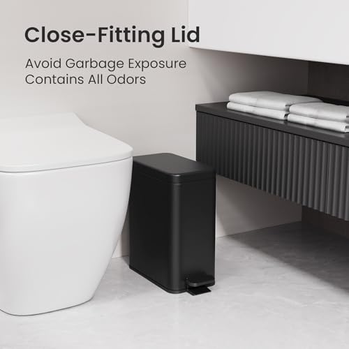 Cesun 2.6 Gallons Small Bathroom Trash Can with Lid Soft Close, Black | Removable Inner Bucket, Small Stainless Steel Garbage Can for Bedroom/Office, Hands-Free Step Pedal, Fingerprint-Resistant