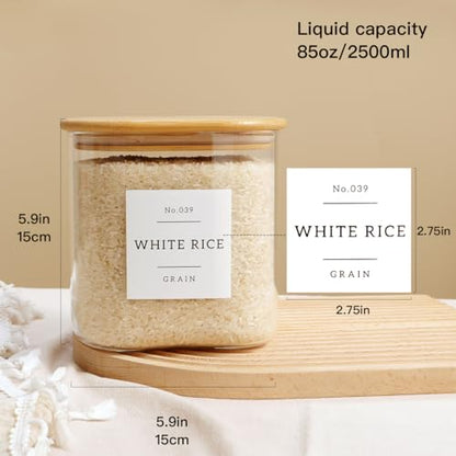 HHMJSM Large Glass Flour and Sugar Containers with 42 Kitchen Pantry Labels - 85 Oz Glass Food Storage Containers with Airtight Lids - Square Glass Jars with Bamboo Lids for Rice, Pasta, Cookies