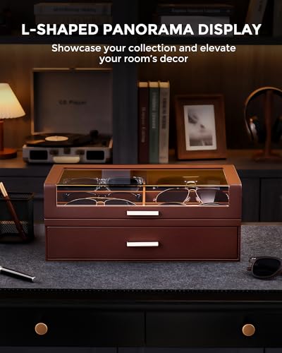 ProCase 12 Slots Sunglasses Box with L-Shaped Clear Lid -Espresso | Multiple Pairs Glasses Display Organizer Eyewear Eyeglass Eye Glass Storage Holder with Drawer for Men Women