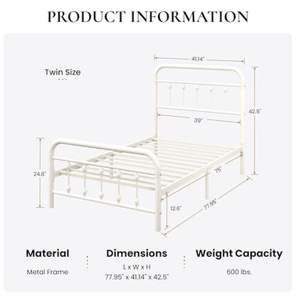 SHA CERLIN Twin Metal Bed Frame with Victorian Iron-Art Headboard, Cream | Victorian Iron-Art Headboard and Footboard, Easy Assembly, Under Bed Storage, No Box Spring Required