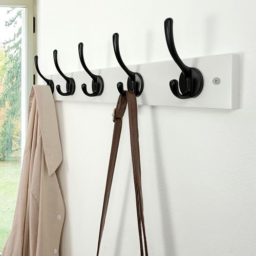 Wall Mounted Coat Rack: 16" Hole to Hole, Coat Hook Hanger with 5 Metal Hooks for Hanging Coats Towels Hats Clothes, White & Black